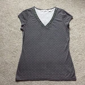 Liz Claiborne Black and Gray Beaded V Neck Top - M